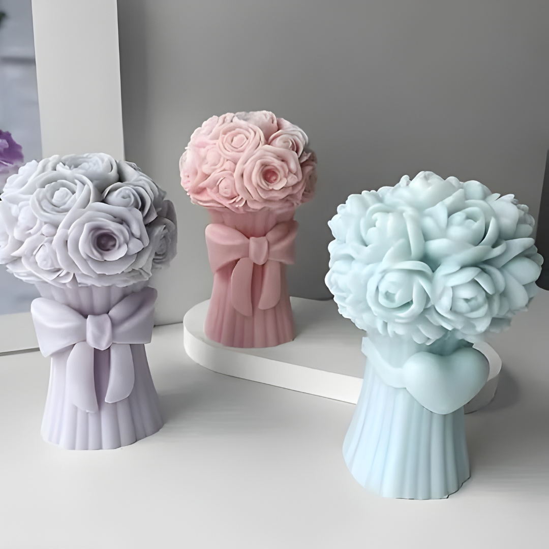 Rose Flower Bouquet With Heart Candle Silicone Mould