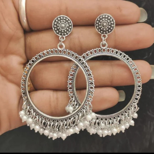 Silver Jhumka With Beads White