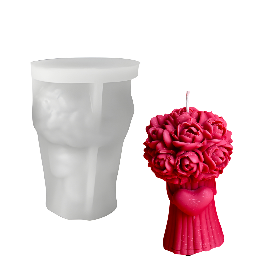 Rose Flower Bouquet With Heart Candle Silicone Mould