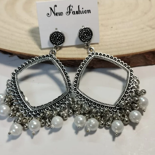 Square Shape White Pearl Silver Jhumka